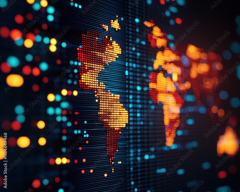 Poster a vibrant digital world map illuminated by colorful data points, representing global connectivity an