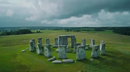 Aerial view of Stonehenge, ancient stone circle on Salisbury Plain under a dramatic sky.