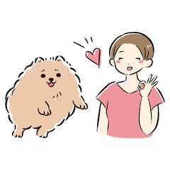 ジャンプする犬と笑顔の飼い主のイラストセット