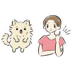 ジャンプする犬と指を差す飼い主（アイデアを思いつく）イラストセット