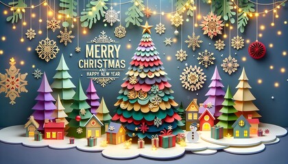 Festive Paper Christmas Scene With Village And Lights