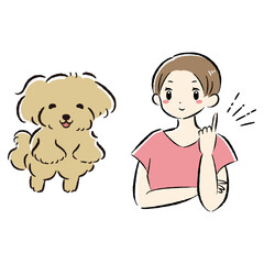 ジャンプする犬と指を差す飼い主（アイデアを思いつく）イラストセット
