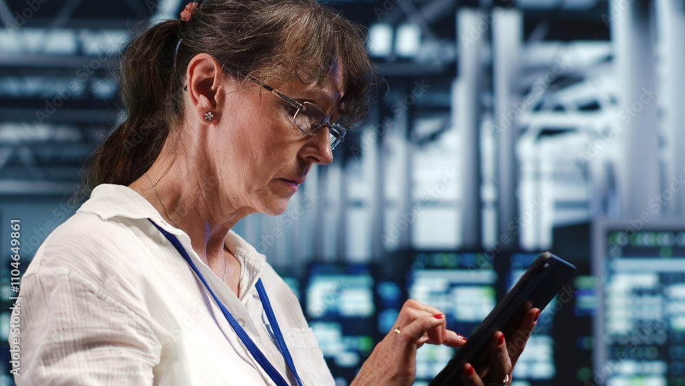 Poster older computer scientist working in data center housing gpu dedicated server racks that can process 