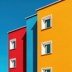 A vibrant photo showcasing colorful apartment buildings in red, blue, and yellow against a clear blue sky.