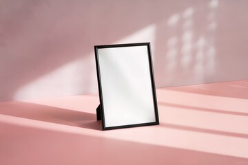 Blank poster in black frame on pastel pink surface with soft shadows