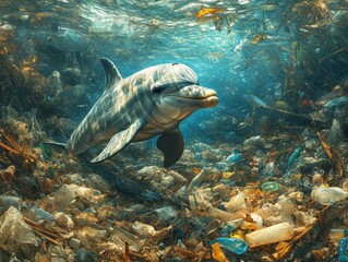Fototapeta premium A dolphin swimming amidst plastic debris, representing the struggle of marine life against pollution focus on, wildlife in danger, surreal, overlay, polluted ocean waters backdrop