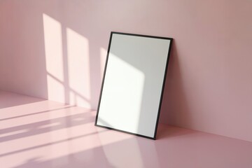 White poster in black frame on a pastel pink surface with subtle light effects