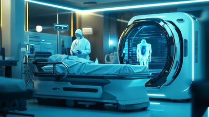 A futuristic medical device in a hospital, monitored by doctors, representing advancements in diagnostics