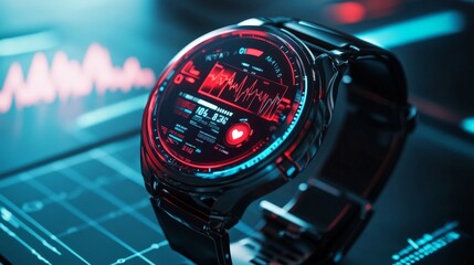 A futuristic smart watch showing health stats and alerts, symbolizing personal health innovation