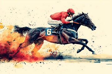 Jockey and Horse in Dramatic Race Finish, Watercolor Style.