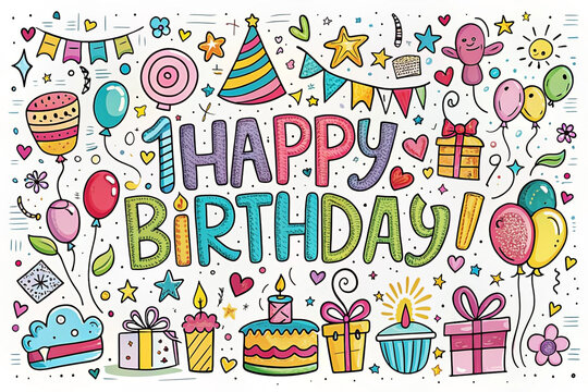 Colorful doodle illustration of happy first birthday with balloons, cake, presents, and party decorations.