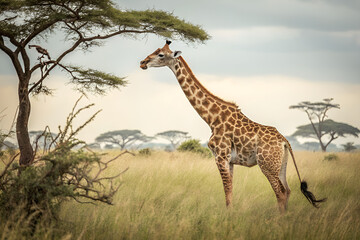 Obraz premium A giraffe stands in a grassy field next to a tree