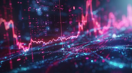 Fototapeta premium Abstract digital data visualization with glowing lines and particles forming dynamic graphs, illustrating financial market trends and technological innovation.