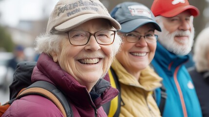 A group of older adults participating in a local charity walkathon, motivated and smiling