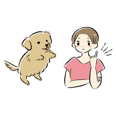 ジャンプする犬と指を差す飼い主（アイデアを思いつく）イラストセット