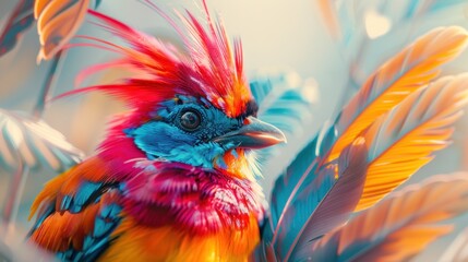 Obraz premium Vibrant, colorful bird with a red crest amidst tropical foliage.