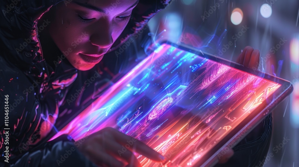 Poster person using futuristic tablet with glowing data streams.