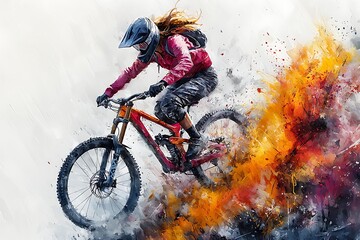 A female mountain biker in action, depicted in a vibrant, abstract painting style.