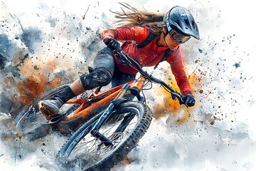 Dynamic Action Shot of a Female Mountain Biker in Motion, Artistic Watercolor Style.