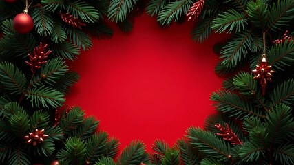 christmas background wreath with red ribbon and cones