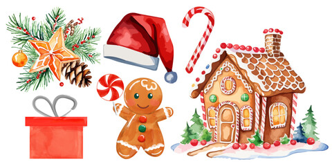 Christmas decoration set. Hand drawn watercolor painting set of a christmas elements: Gingerbread man, home, santa hat, candy cane, gift box isolated on white background. 