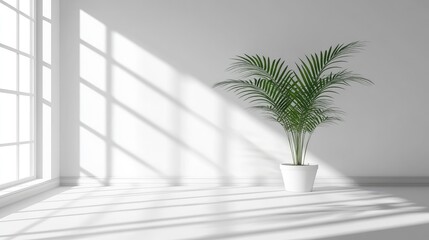 Sunlit minimalist room interior with potted palm plant.
