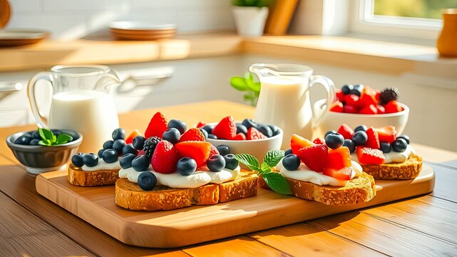 Delicious berry topped toast with creamy spread and milk