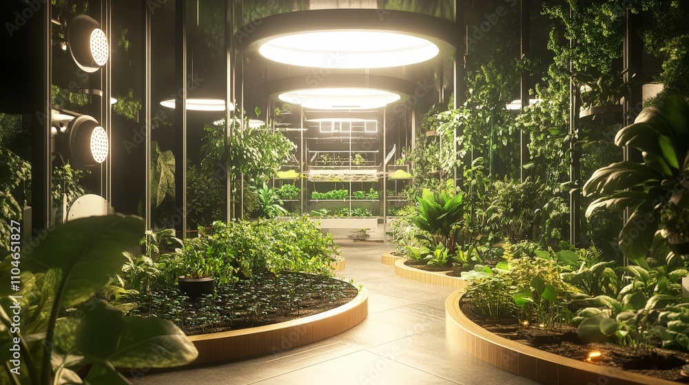 Poster a high-tech greenhouse with automated watering and lighting systems