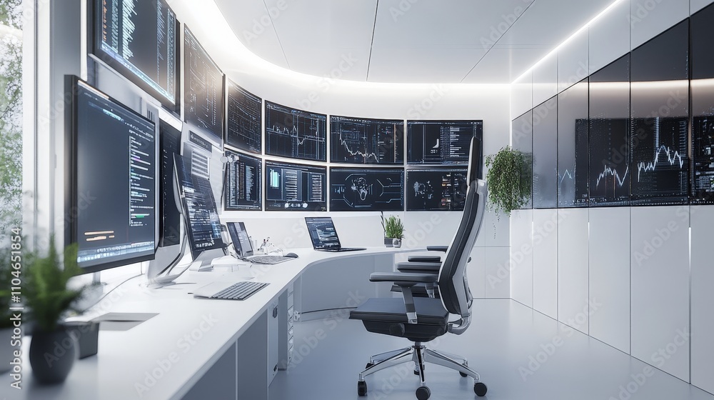 Poster a high-tech office desk setup with multiple monitors and a clean minimalist design