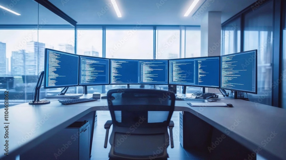 Poster a high-tech office desk setup with multiple monitors and a clean minimalist design
