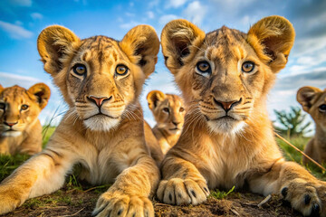 Obraz premium Two lion cubs in foreground with others in background, looking at camera.