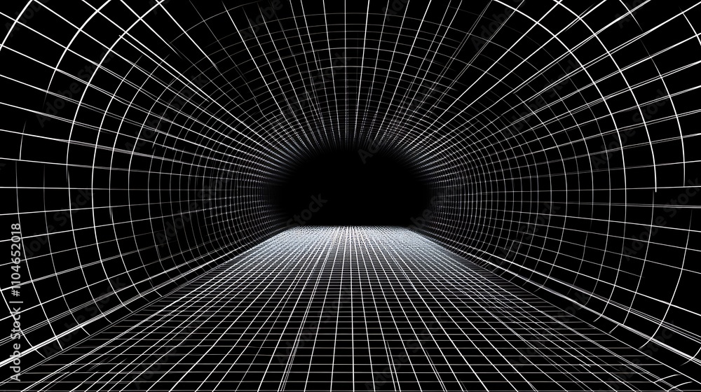 Poster a sleek black background featuring ceiling and floor perspective grid lines, creating a futuristic a
