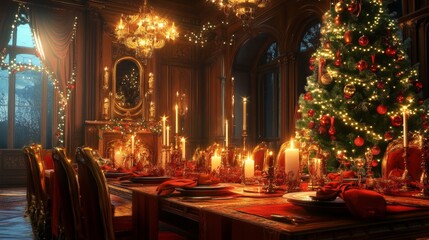 Fototapeta premium A holiday season gathering with family around a beautifully decorated dining table