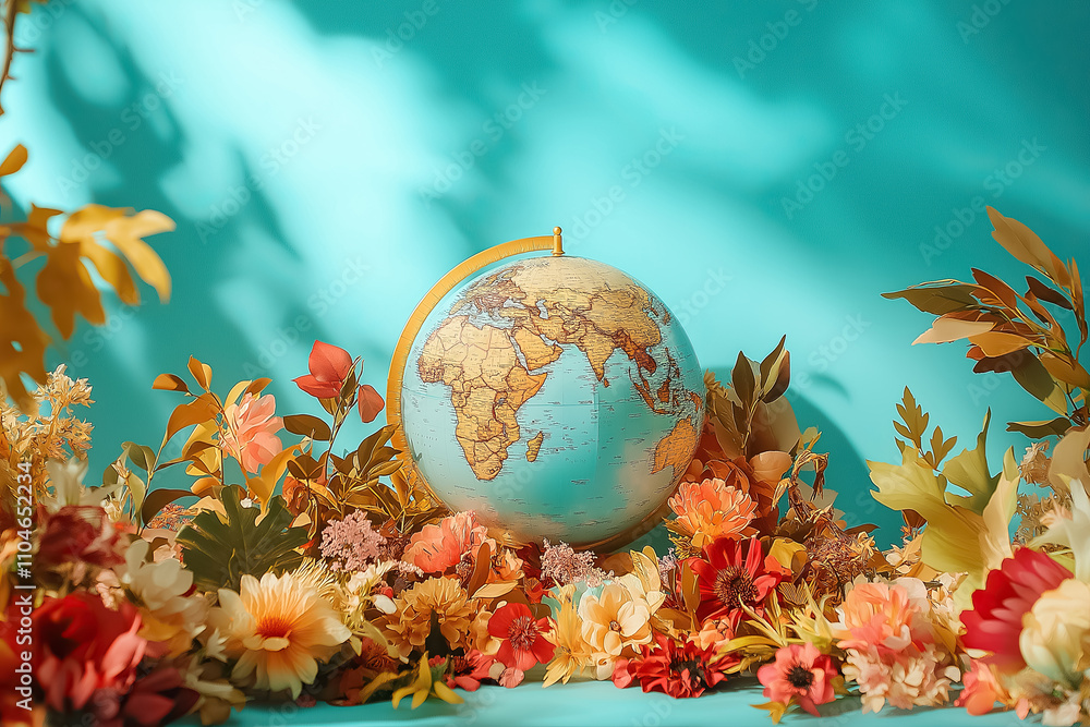Poster a globe rests amidst colorful flowers, creating a charming display of nature and the world's contine