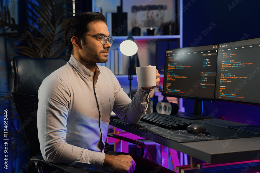 Poster smart it developer holding coffee cup with software development coding on pc screen pose on camera l