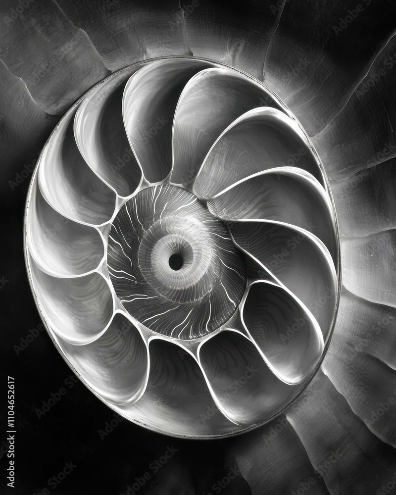 Aufkleber black and white close-up of a nautilus shell, showcasing intricate patterns and curves, highlighting
