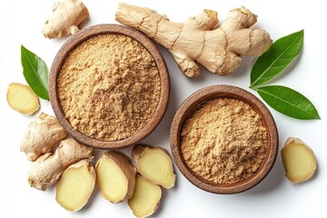 Isolated top view of crushed ginger powder and fresh ginger root on a white backdrop. Generative Ai
