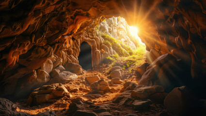 Golden Light Flooding Through a Rustic Cave Passageway. Catholic Scene