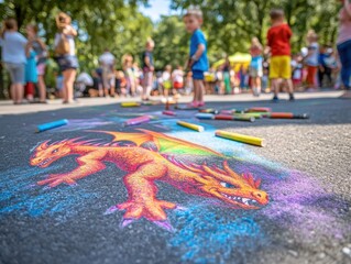 Children drawing dragons with chalk on the ground selective focus, street art joy, surreal, Silhouette, sidewalk festival backdrop