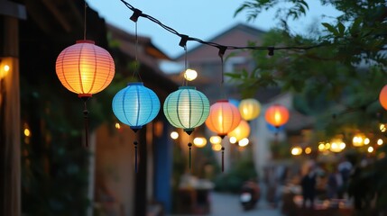 Lanterns floating between wooden pagodas close up, harmonious light, vibrant, Overlay, ancient pagoda backdrop