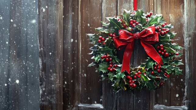 A snowy Christmas wreath with a red bow hangs on a rustic wooden door.