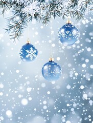 Navy Christmas ornaments suspended from a branch of fir tree amidst a flurry of snowflakes, snowflake ornaments, winter wonderland, twinkle lights