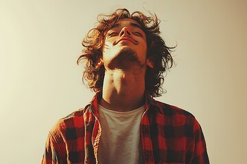 Young Man with Curly Hair Tilting His Head Back, Feeling the Sun on His Face.