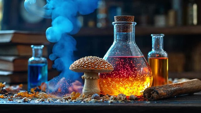 Mysterious potion making with vibrant liquids, mushrooms, and herbs in a dimly lit alchemy workshop