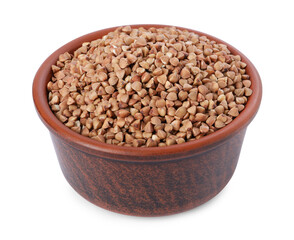 Raw buckwheat in bowl isolated on white