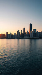 Obraz premium Panoramic view of the Chicago skyline at sunset over Lake Michigan, Illinois, Midwest