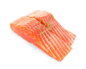 Pieces of fresh salmon and thyme isolated on white