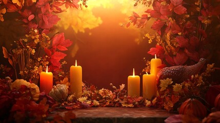 Warm Autumnal Thanksgiving Still Life with Candles and Gourds