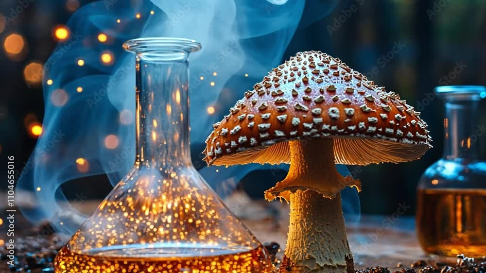 Poster magical mushroom next to glowing flask in a mystical forest at twilight