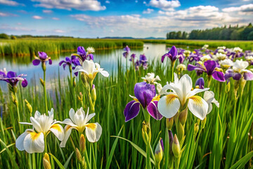 Vibrant purple and white irises blooming by a calm river under a sunny sky. © LIA